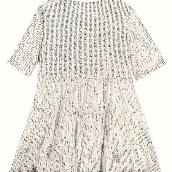 Silver Cute Women's Round Neck Mid-Sleeve Ruffle Hem Sequin Dress - Picture 5 of 5